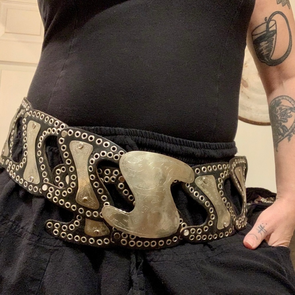 Moroccan leather belt, beautiful metalwork, $50
